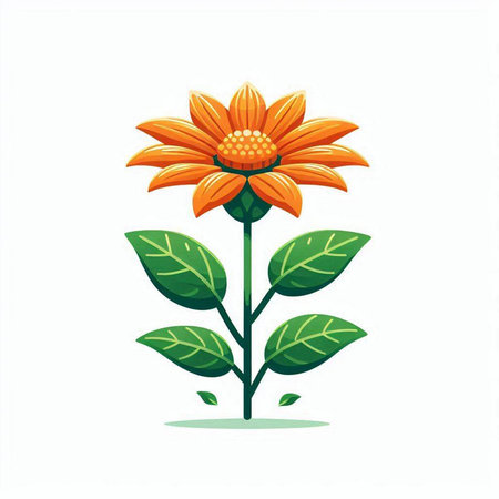 Orange sunflower with green leaves isolated on white background. Vector illustration.のイラスト素材