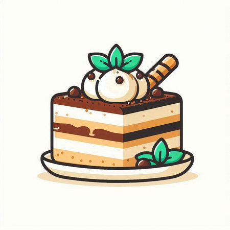 Cake with ice cream and mint leaves. Hand drawn vector illustration.のイラスト素材