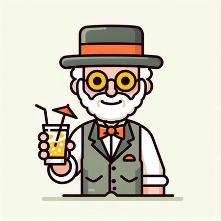 Vector illustration of old man in a hat and glasses with a cocktail in his hand.のイラスト素材