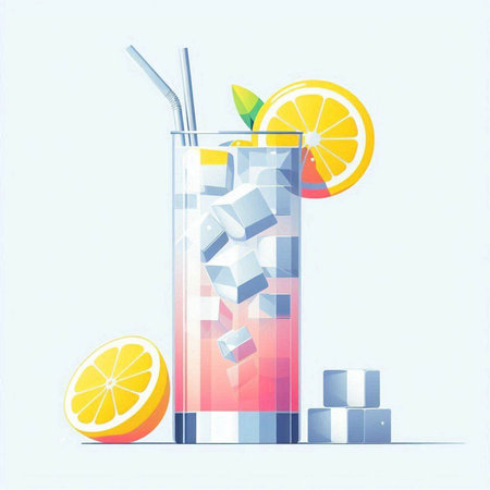 Cocktail with ice cubes and lemon slices. Vector illustration.のイラスト素材