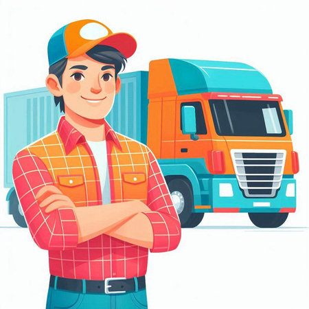 Delivery man in uniform standing with crossed arms and truck on background vector illustrationのイラスト素材