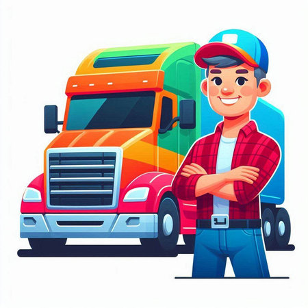 Courier man standing in front of truck. Vector illustration.のイラスト素材