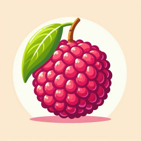 Raspberry fruit vector illustration. Ripe raspberry with green leaf.のイラスト素材