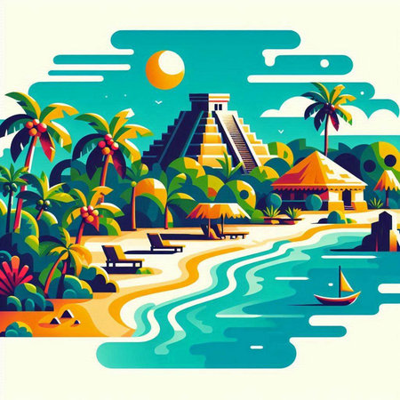Mayan pyramid on the seashore with palm trees. Vector illustrationのイラスト素材
