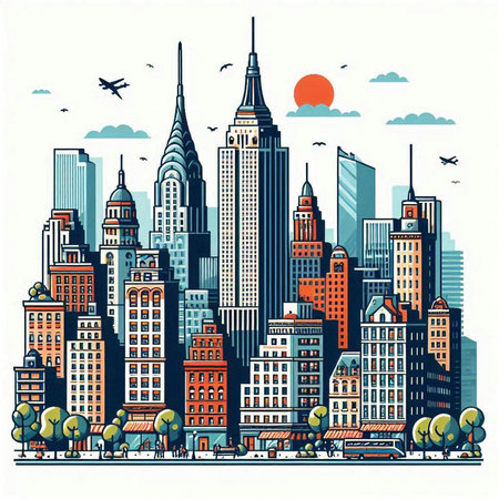 Cityscape with buildings and skyscrapers. Vector illustration in flat style.のイラスト素材