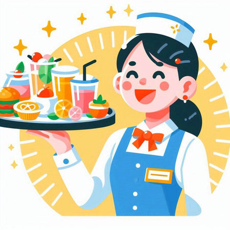 Female nurse with a tray of fruit and juice. Vector illustration.のイラスト素材