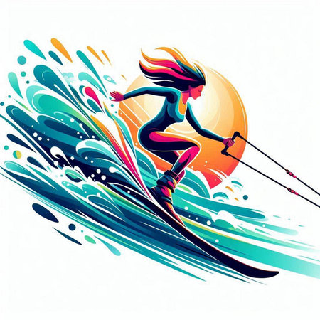 Girl skiing on the background of the sun and waves. Vector illustration.のイラスト素材