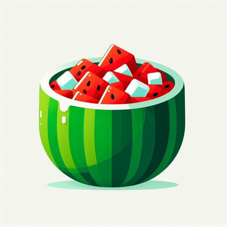 Watermelon and ice cubes in a coconut bowl, vector illustration.のイラスト素材