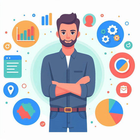 Businessman with crossed arms standing in front of colorful infographics. Vector illustration in flat styleのイラスト素材