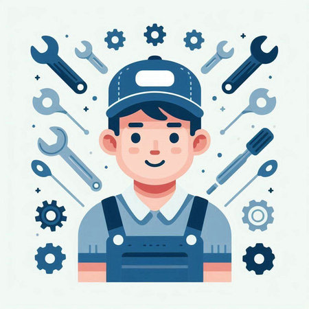 Repairman in uniform with tools. Vector illustration in flat styleのイラスト素材