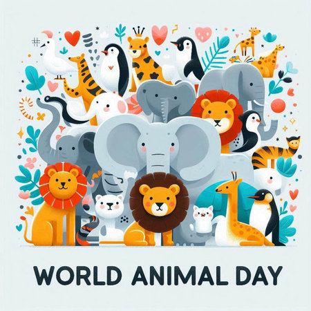 World Animal Day greeting card with cute cartoon animals. Vector illustration.のイラスト素材