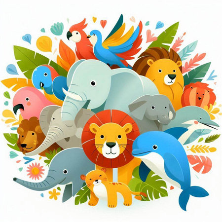 Vector illustration of a group of cute animals on a white background.のイラスト素材
