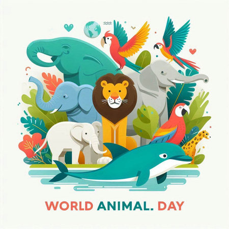 World Animal Day. Vector illustration in flat style with cute animals.のイラスト素材