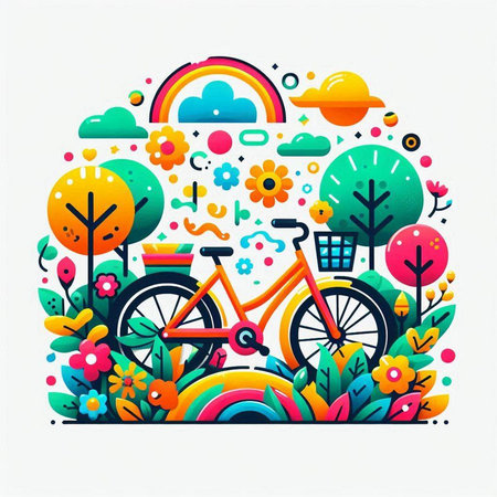 Vector illustration of bicycle with flowers, trees, rainbow and clouds in the shape of a circleのイラスト素材