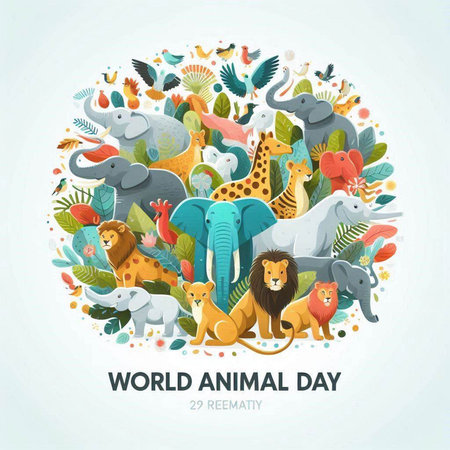 World Animal Day poster with cute cartoon animals. Vector Illustration.のイラスト素材