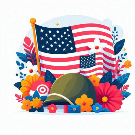 American flag with hat, flowers and leaves. Vector illustration in flat styleのイラスト素材
