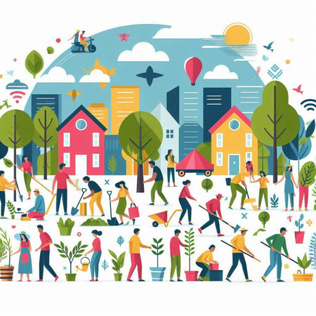 People working in the garden. Flat style vector illustration on white background.のイラスト素材