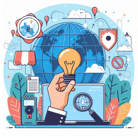 Hand holding lightbulb with global network connection, global technology concept. Vector illustrationのイラスト素材