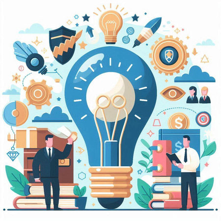 Big idea concept in flat design. Businessman with big light bulb, books and other symbols. Vector illustrationのイラスト素材