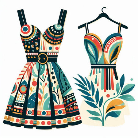 Women's dresses with ornaments and floral pattern. Vector illustration.のイラスト素材