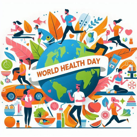 World Health Day. Vector illustration with people running around the world.のイラスト素材