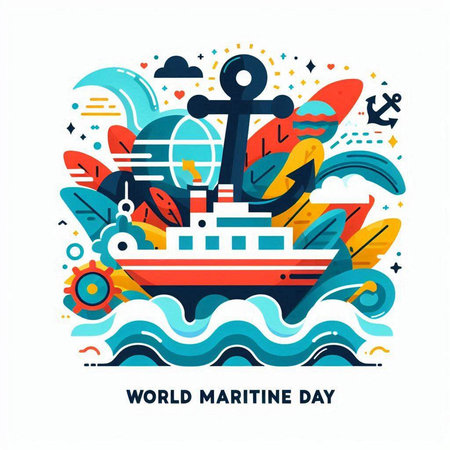 World Maritime Day banner. Vector illustration in flat linear style with sea and ship.のイラスト素材