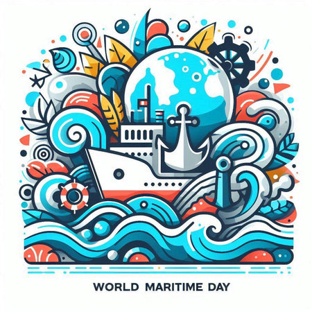 Vector hand drawn doodle illustration of World Maritime Day poster designのイラスト素材