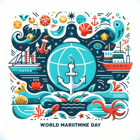 Vector illustration of World Maritime Day with anchor, world map and marine icons.のイラスト素材