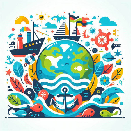 Vector illustration with sea and nautical elements. Colorful flat designのイラスト素材