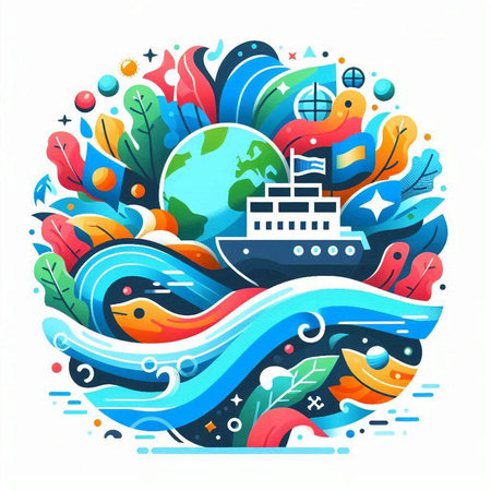 Vector illustration of sea travel, cruise ship, waves and leaves in circle shapeのイラスト素材