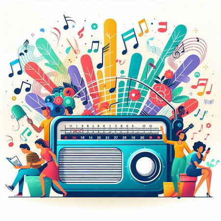 Vector illustration of a music festival with a group of people and a radio.のイラスト素材