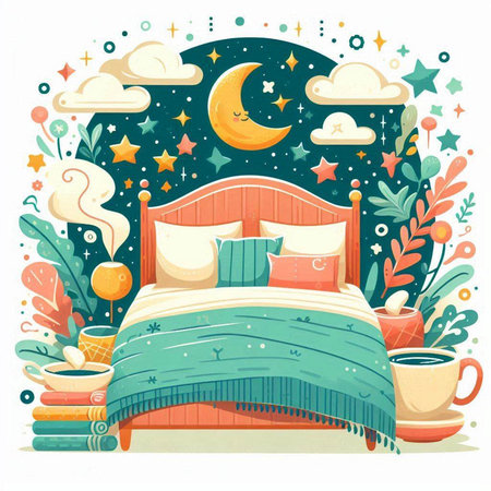Vector illustration of a cozy bedroom with a double bed, a cup of coffee, a book and a moon.のイラスト素材