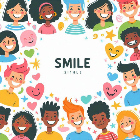 Group of smiling children with social media icons. Vector illustration in cartoon styleのイラスト素材