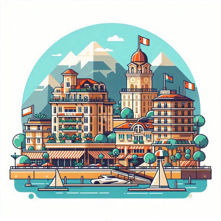 Cityscape of Sochi, Russia. Vector illustration in flat style.のイラスト素材