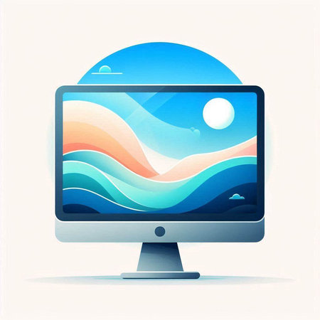 Computer monitor with sun and waves on a white background. Vector illustration.のイラスト素材