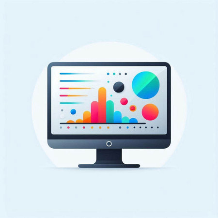 Computer monitor with colorful charts and graphs. Vector illustration in flat styleのイラスト素材