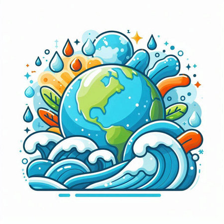 World water day concept. Earth, waves and water drops. Vector illustration.のイラスト素材