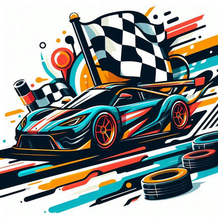 Race car on the race track with checkered flag. Vector illustration.のイラスト素材