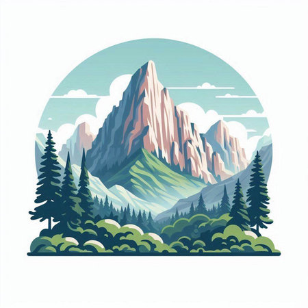 Mountains and coniferous forest in the circle. Vector illustration.のイラスト素材