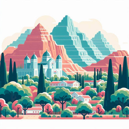 Landscape of the city with mountains and trees. Vector illustration.のイラスト素材
