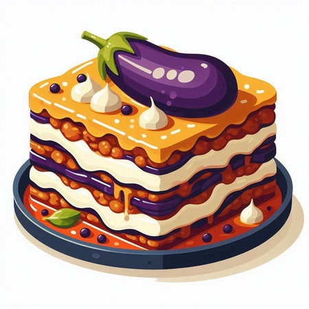 Illustration of a layered eggplant cake on a white background.のイラスト素材
