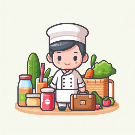 Cute cartoon chef boy in uniform with food in basket vector illustrationのイラスト素材