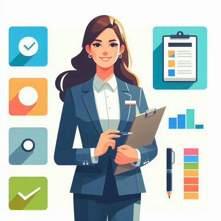 Businesswoman with clipboard and documents in office. Vector illustration in flat styleのイラスト素材