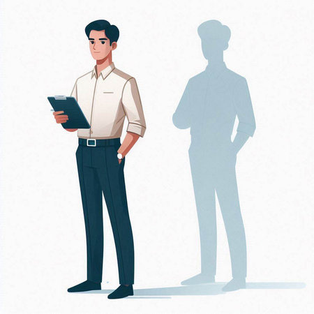 Businessman holding clipboard and looking at his shadow. Vector illustration.のイラスト素材