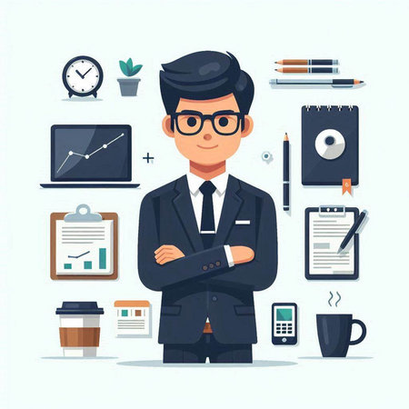 Businessman in office. Vector illustration in flat style. Businessman in office.のイラスト素材