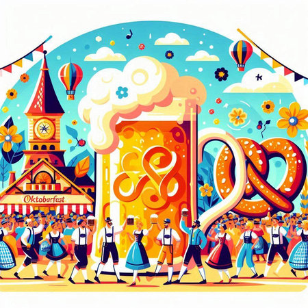 Oktoberfest festival. Group of people in traditional Bavarian clothes, drinking beer and having fun. Vector illustrationのイラスト素材