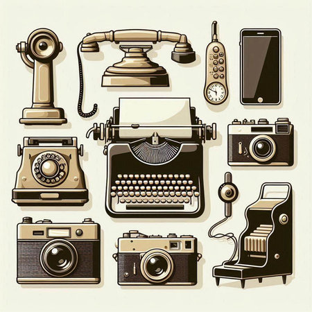 Vintage telephone, typewriter and camera icons set. Vector illustrationのイラスト素材
