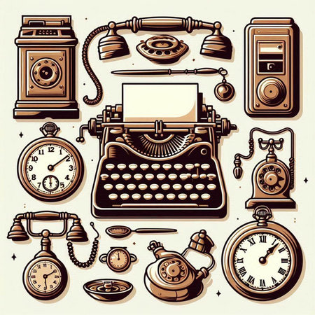 Vintage hand drawn vector illustration of a typewriter, telephone and clockのイラスト素材