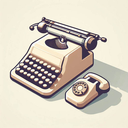 Retro typewriter and old telephone on white background. Vector illustration.のイラスト素材
