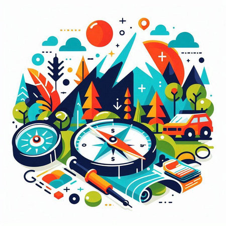 Vector colorful illustration with compass, car, mountains and forest. Travel and adventure concept.のイラスト素材